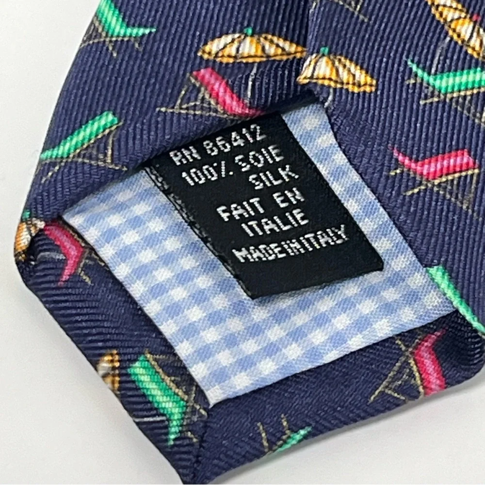 Marchesi di‎ Como Silk Neck Tie Navy Pink, Green Beach Chairs, Yellow Umbrellas
